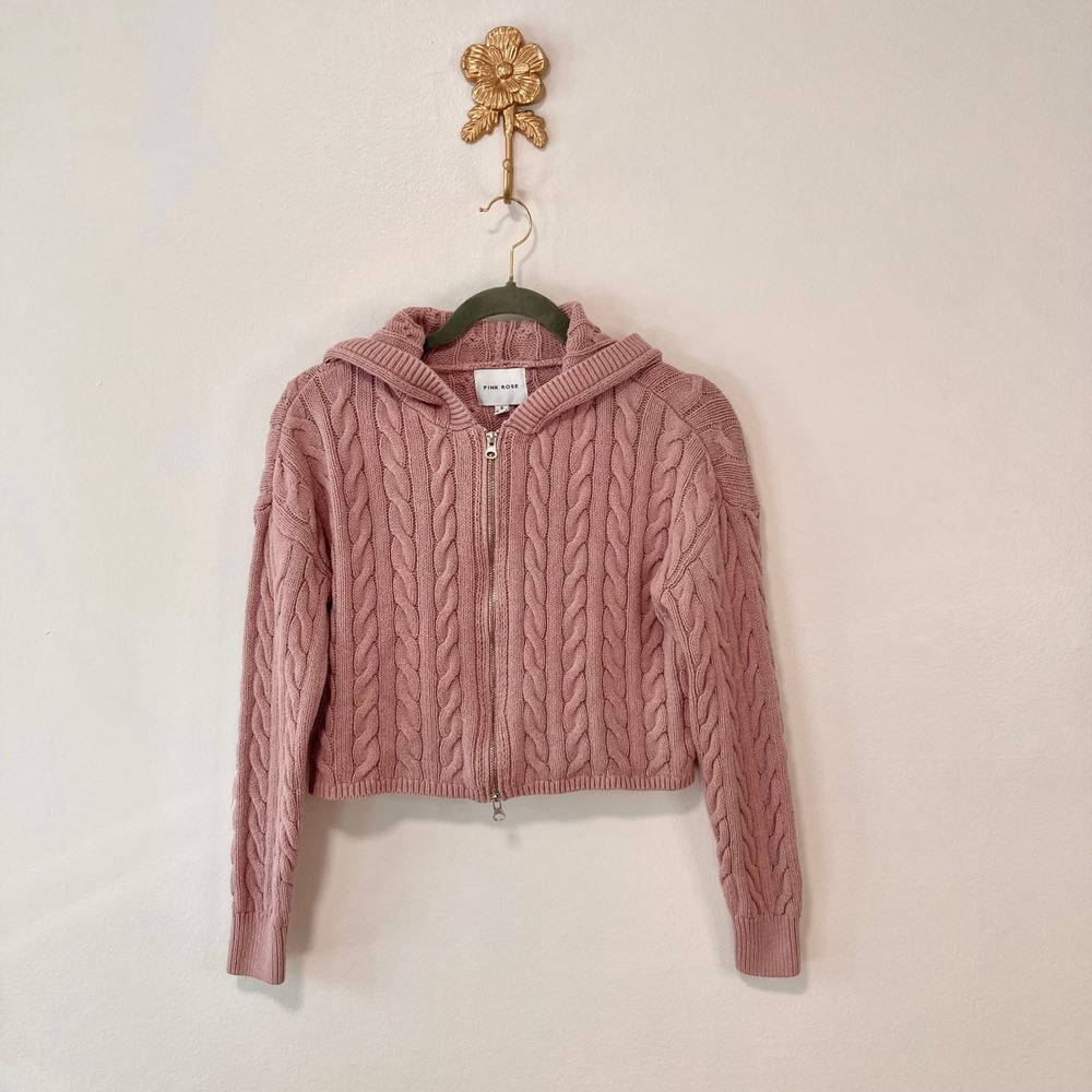 Balletcore Mauve Dusty Pink Cable Knit Zip Up Cropped Hoodie S Coquette Fall
